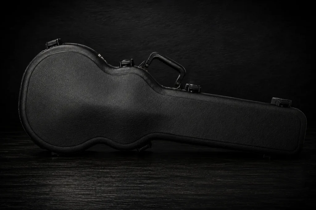 A closed, black hard-sided instrument case designed for discreet protection, resting on a dark wood surface.