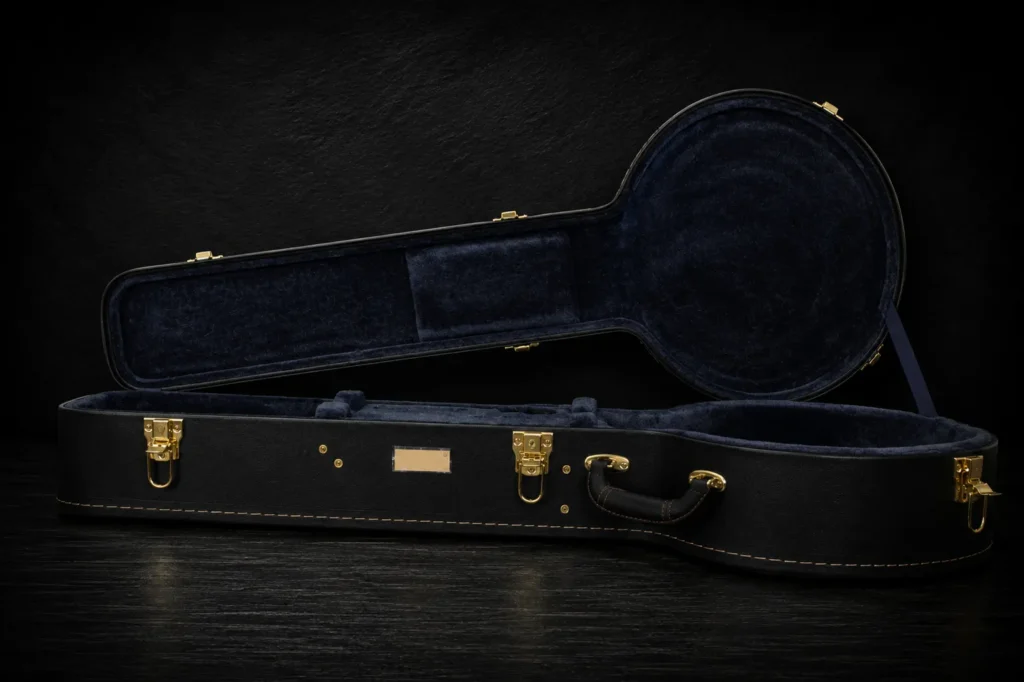 Open black instrument-style protective case with a dark plush interior and gold hardware.