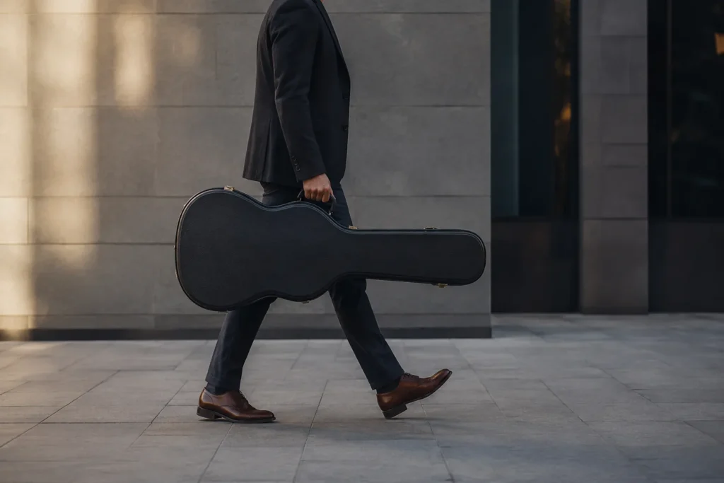 A professionally dressed person walking in a modern urban setting, carrying a discreet, black hard-sided protective case shaped like a guitar.