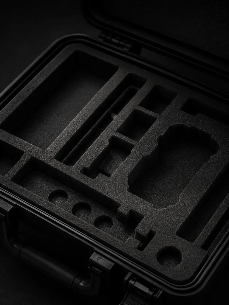 Close-up of a premium protective case interior featuring precision-cut, high-density black foam compartments for custom gear storage.