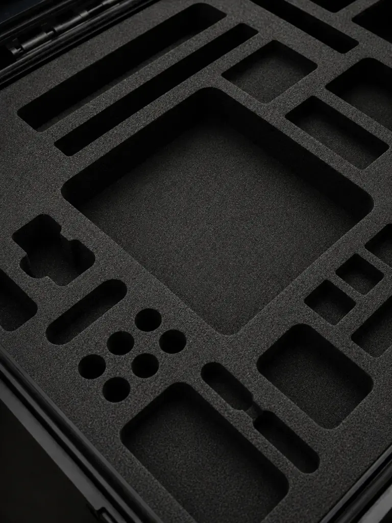 Close-up of a premium protective case interior featuring precision-cut, high-density black foam compartments for custom gear storage.