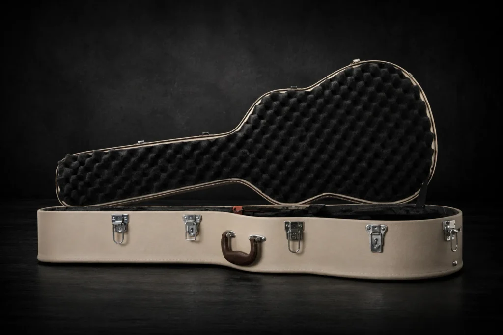 Nacho Bizness Custom tan classical guitar case open on a dark studio background, featuring black padded foam interior, chrome latches, and a brown handle.