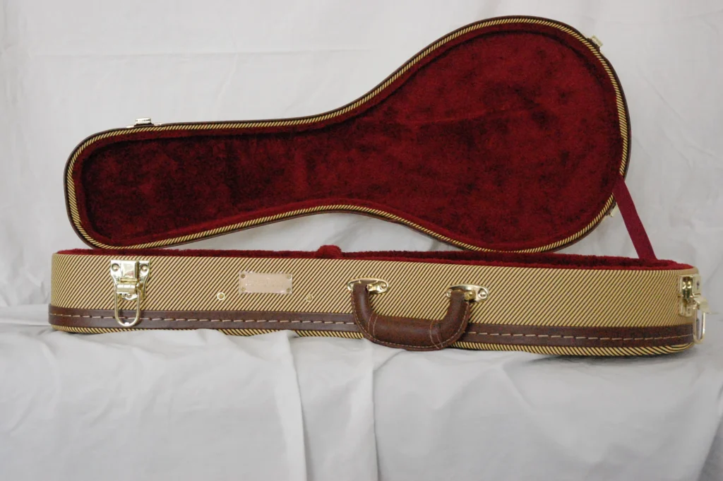 Open Top view of Brown A Mandolin Case by Nacho Bizness