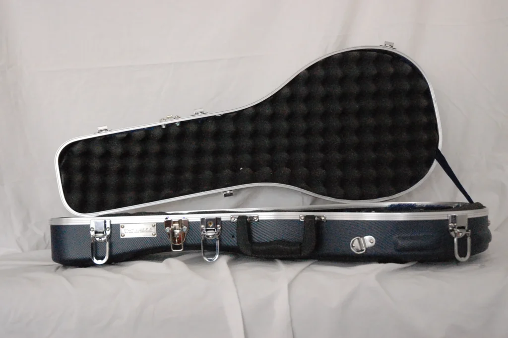 Open Top view of Blue F Mandolin Case by Nacho Bizness