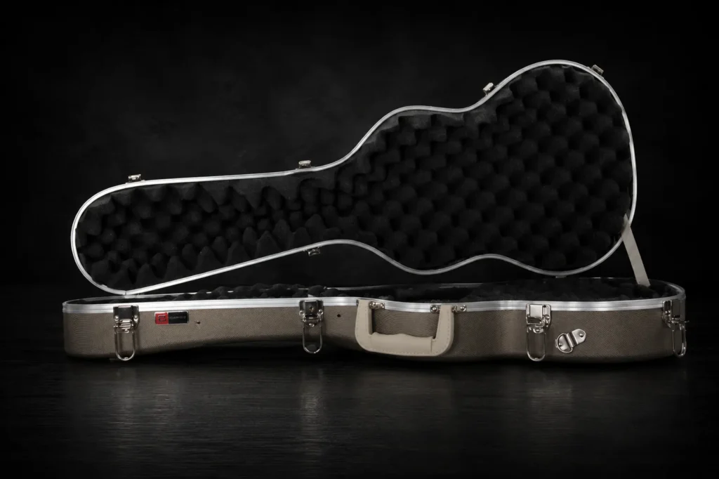 Nacho Bizness Custom gray baritone ukulele case open on a dark studio background, with black egg-crate foam padding, silver trim, cream handle, and chrome latches.