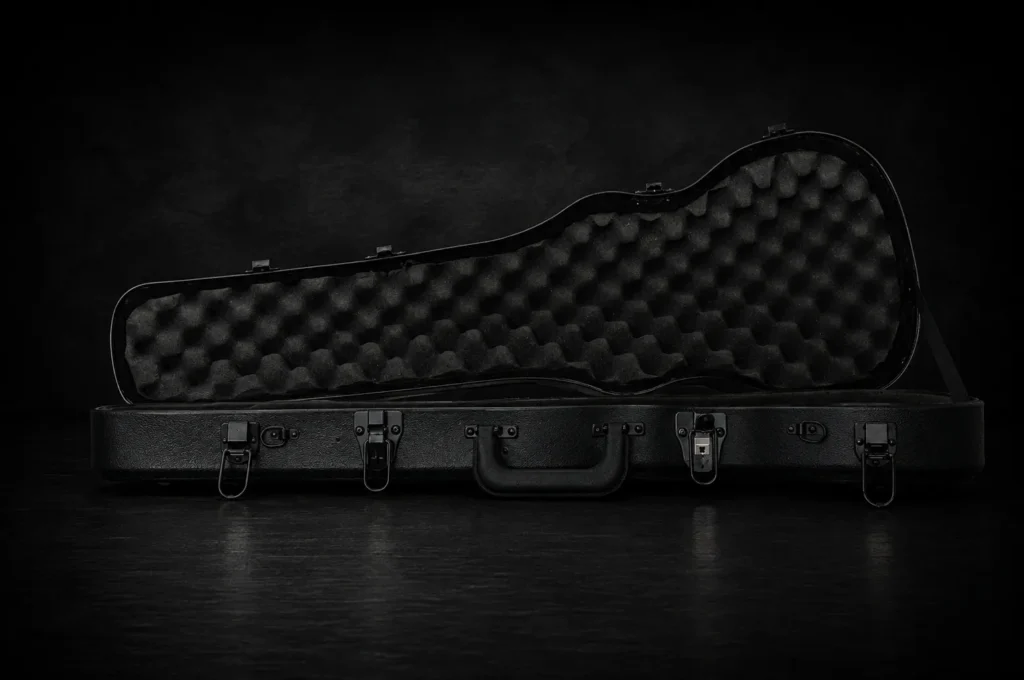 Nacho Bizness Custom black full-size violin case open on a dark studio background, featuring contoured black foam padding, multiple latches, and a padded black handle.